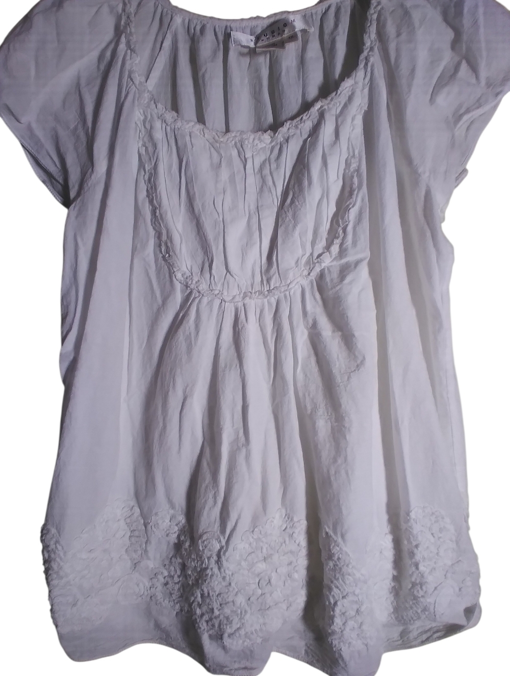 Studio M Women White Boho Top Cap Sleeves 100% Cotton Embroidery Detail Size 1x
